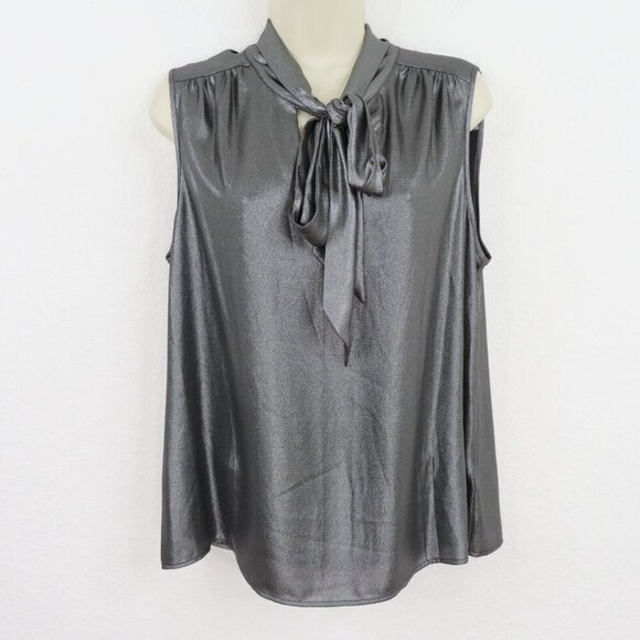 Calvin Klein Womens Large Metallic Silver Gray Sleeveless Neck Tie Shirt Blouse - Picture 8 of 8